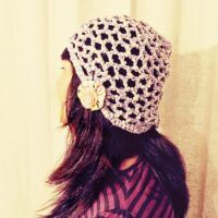 Double Crocheted Adult Vintage Style Purple Beret with Flower Brooch